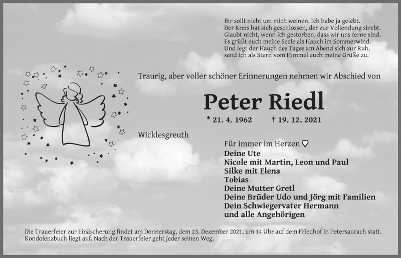  Traueranzeige für Peter Riedl vom 22.12.2021 aus Ansbach