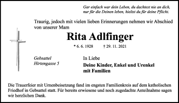 Traueranzeige von Rita Adlfinger von Rothenburg