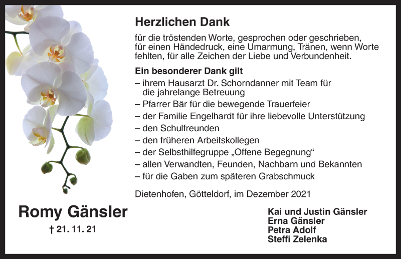  Traueranzeige für Romy Gänsler vom 11.12.2021 aus Ansbach