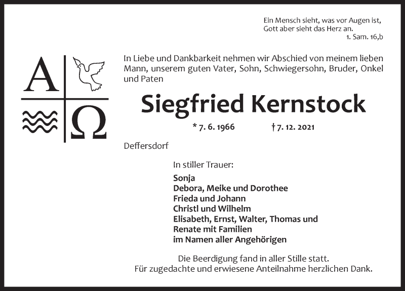  Traueranzeige für Siegfried Kernstock vom 11.12.2021 aus Dinkelsbühl/ Feuchtwangen