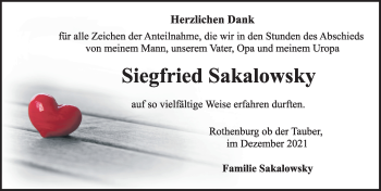 Traueranzeige von Siegfried Sakalowsky von Rothenburg