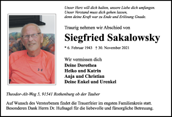 Traueranzeige von Siegfried Sakalowsky von Rothenburg