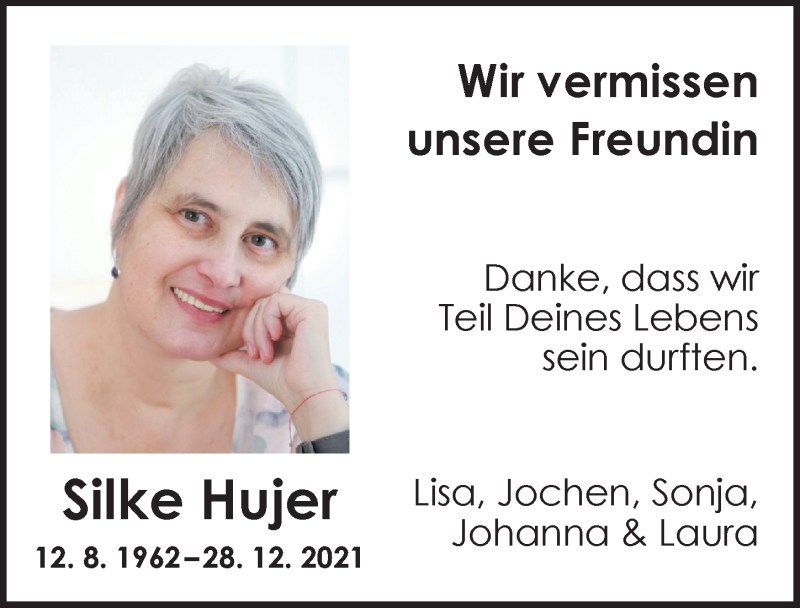  Traueranzeige für Silke Hujer vom 31.12.2021 aus Ansbach