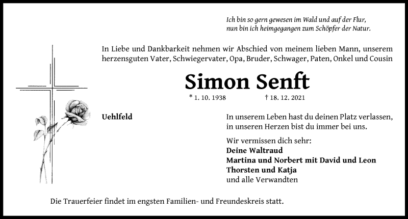  Traueranzeige für Simon Senft vom 30.12.2021 aus Neustadt/ Scheinfeld/ Uffenheim
