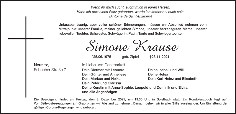  Traueranzeige für Simone Krause vom 02.12.2021 aus Rothenburg