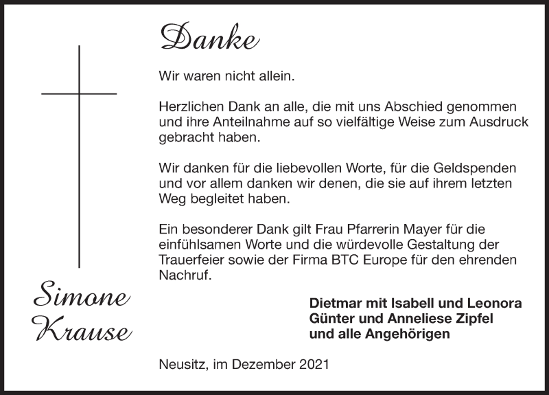  Traueranzeige für Simone Krause vom 23.12.2021 aus Rothenburg