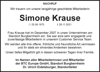 Traueranzeige von Simone Krause von Rothenburg