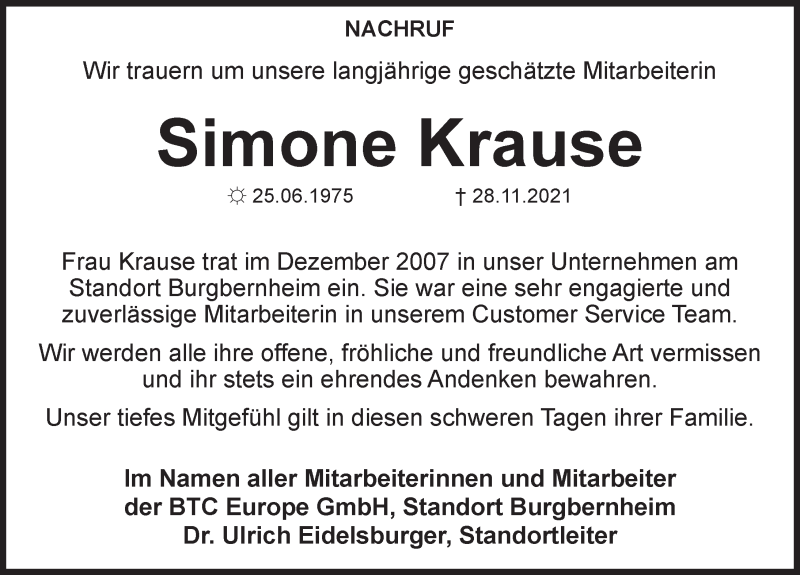  Traueranzeige für Simone Krause vom 11.12.2021 aus Rothenburg