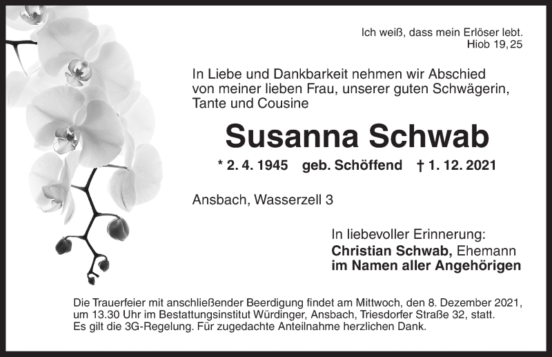  Traueranzeige für Susanna Schwab vom 04.12.2021 aus Ansbach