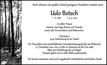 Traueranzeige von Udo  Botsch von Rothenburg