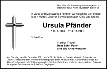 Traueranzeige von Ursula Pfänder von Dinkelsbühl/ Feuchtwangen