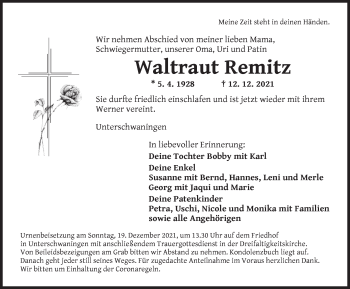 Traueranzeige von Waltraut Remitz von Dinkelsbühl/ Feuchtwangen