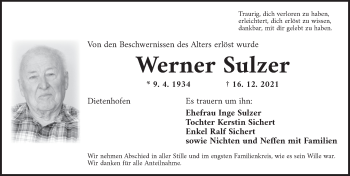 Traueranzeige von Werner Sulzer von Ansbach