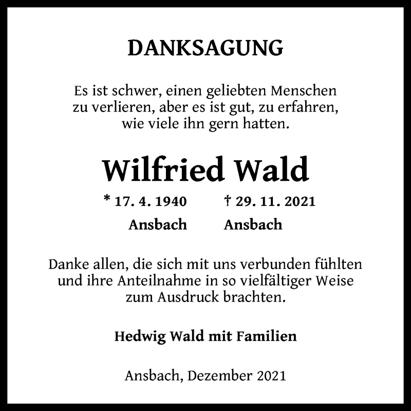  Traueranzeige für Wilfried Wald vom 22.12.2021 aus Ansbach