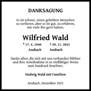 Traueranzeige von Wilfried Wald von Ansbach