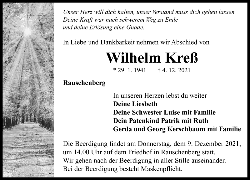  Traueranzeige für Wilhelm Kreß vom 07.12.2021 aus Neustadt/ Scheinfeld/ Uffenheim