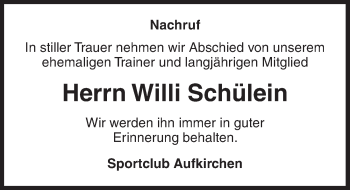 Traueranzeige von Willi Schülein von Dinkelsbühl/ Feuchtwangen