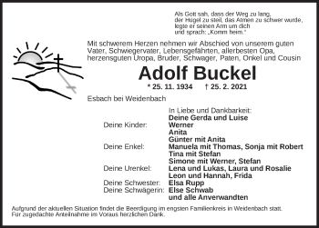 Traueranzeige von Adolf Buckel von AB