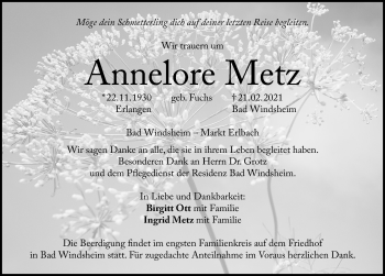 Traueranzeige von Annelore Metz von Neustadt/ Scheinfeld/ Uffenheim