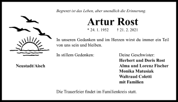 Traueranzeige von Artur Rost von Neustadt/ Scheinfeld/ Uffenheim