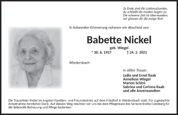 Traueranzeige von Babette Nickel von Ansbach