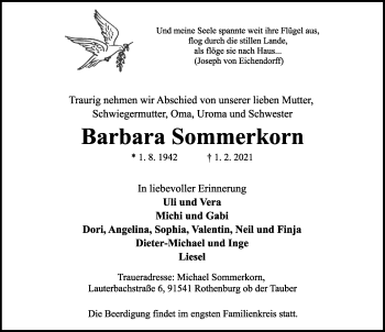 Traueranzeige von Barbara Sommerkorn von Rothenburg