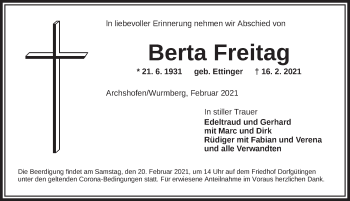 Traueranzeige von Berta Freitag von Dinkelsbühl/ Feuchtwangen