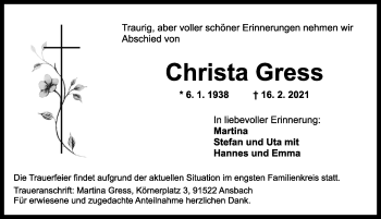 Traueranzeige von Christa Gress von Ansbach