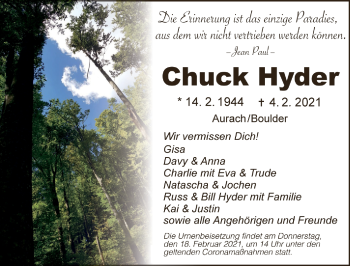 Traueranzeige von Chuck Hyder von Ansbach