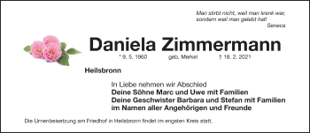 Traueranzeige von Daniela Zimmermann von Ansbach