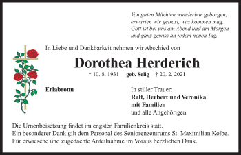 Traueranzeige von Dorothea Herderich von Neustadt/ Scheinfeld/ Uffenheim