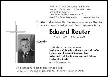 Traueranzeige von Eduard Reuter von Neustadt/ Scheinfeld/ Uffenheim