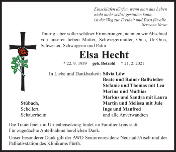 Traueranzeige von Elsa Hecht von Neustadt/ Scheinfeld/ Uffenheim