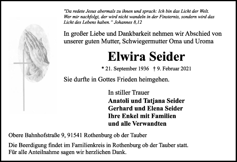  Traueranzeige für Elwira Seider vom 13.02.2021 aus Rothenburg