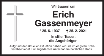 Traueranzeige von Erich Gassenmeyer von Ansbach
