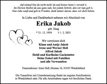 Traueranzeige von Erika Jakob von Rothenburg