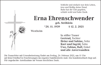 Traueranzeige von Erna Ehrenschwender von Ansbach