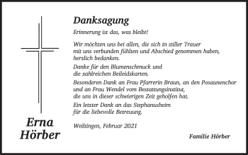 Traueranzeige von Erna Hörber von Dinkelsbühl/ Feuchtwangen