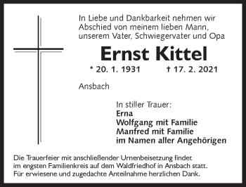 Traueranzeige von Ernst Kittel von Ansbach