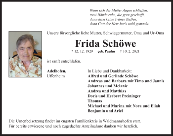 Traueranzeige von Frida Schöwe von Neustadt/ Scheinfeld/ Uffenheim