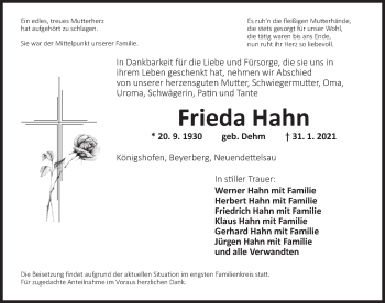 Traueranzeige von Frieda Hahn von Ansbach