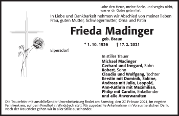 Traueranzeige von Frieda Madinger von Ansbach