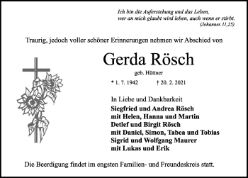 Traueranzeige von Gerda Rösch von Rothenburg