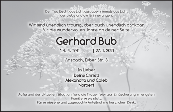 Traueranzeige von Gerhard Bub von Ansbach