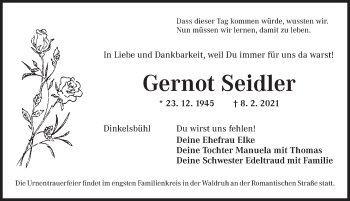 Traueranzeige von Gernot Seidler von Dinkelsbühl/ Feuchtwangen