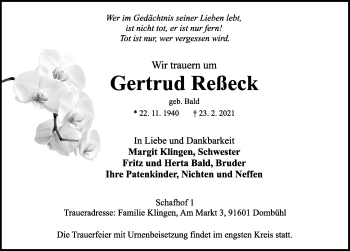 Traueranzeige von Gertrud Reßeck von Rothenburg