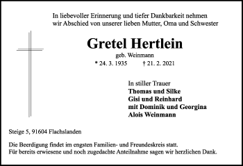 Traueranzeige von Gretel Hertlein von Ansbach