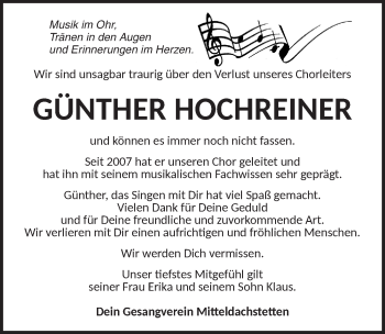 Traueranzeige von Günther Hochreiner von Ansbach