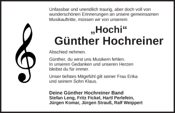 Traueranzeige von Günther Hochreiner von Ansbach