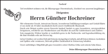 Traueranzeige von Günther Hochreiner von Ansbach